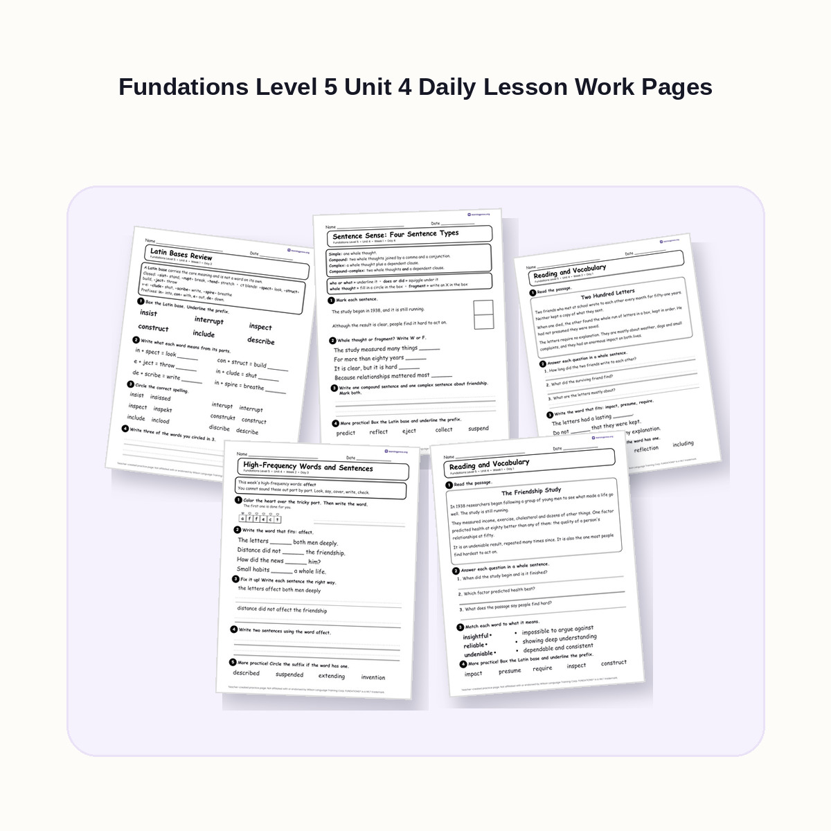 Preview of Fundations Level 5 Unit 4 Daily Lesson Work Pages