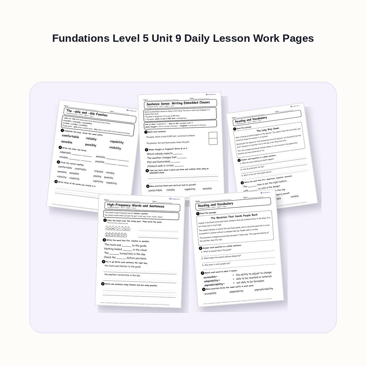 Preview of Fundations Level 5 Unit 9 Daily Lesson Work Pages