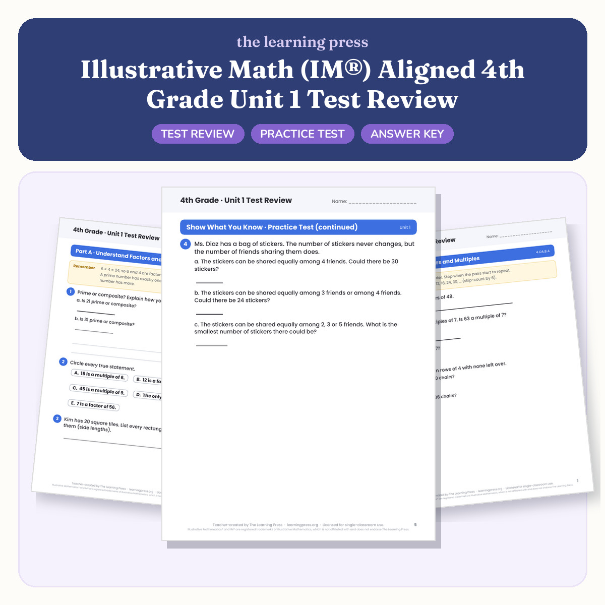 Preview of Illustrative Math (IM®) Aligned 4th Grade Unit 1 Test Review