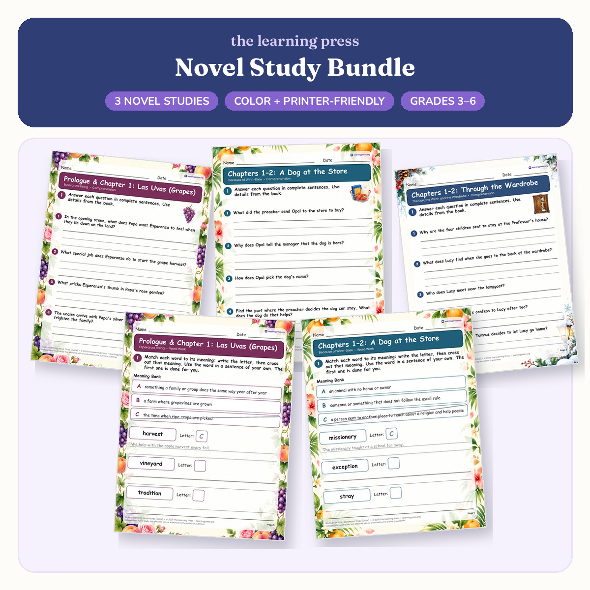Preview of Novel Study Bundle · Esperanza Rising, Winn-Dixie, Lion Witch Wardrobe