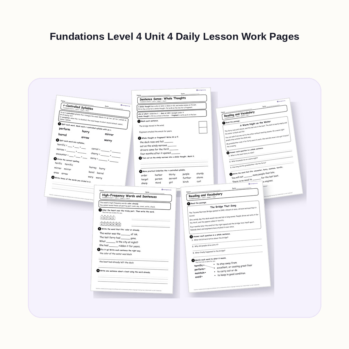 Preview of Fundations Level 4 Unit 4 Daily Lesson Work Pages