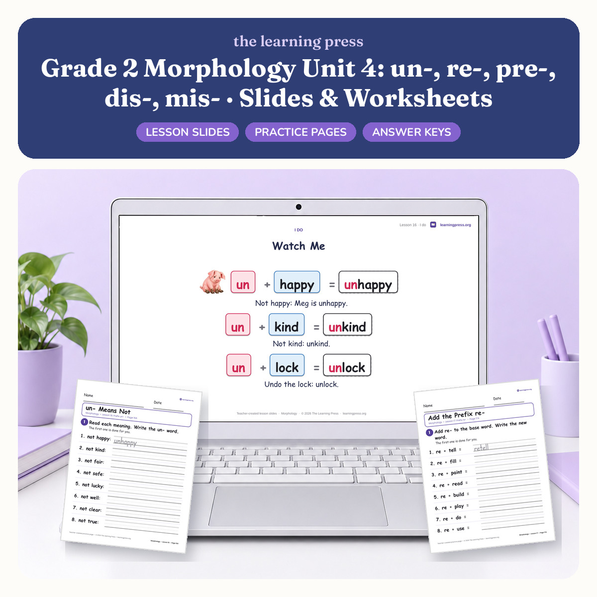Preview of Grade 2 Morphology Unit 4: un-, re-, pre-, dis-, mis- · Slides & Worksheets