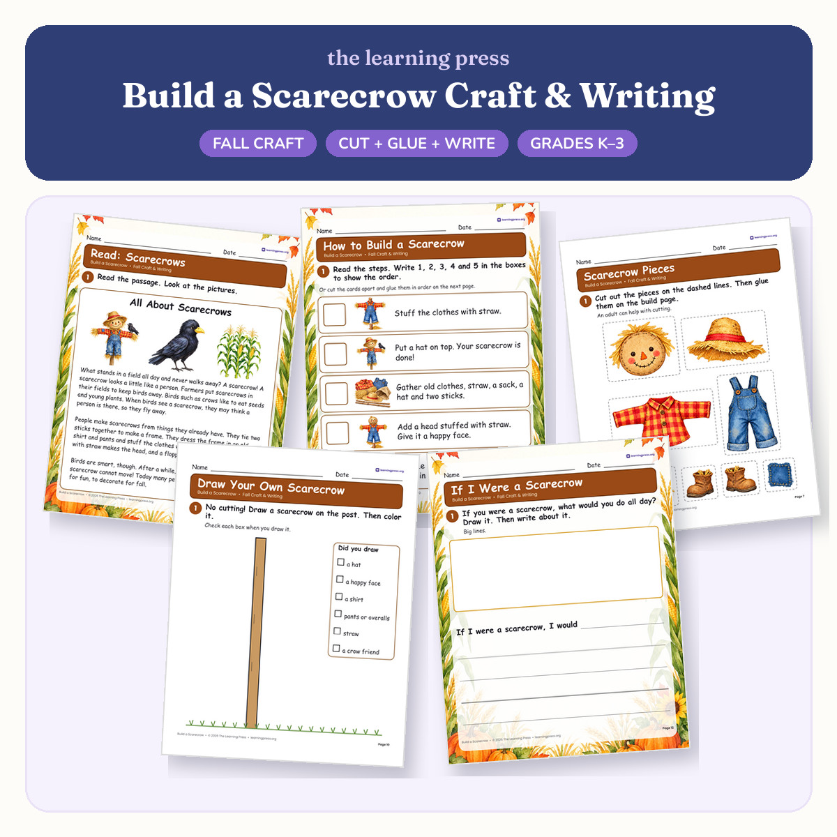 Preview of Scarecrow Craft & Writing · Build a Scarecrow Cut and Glue Fall Activity