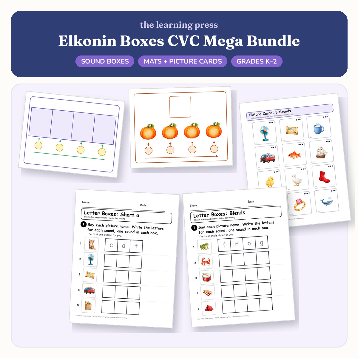 Preview of Elkonin Boxes CVC Mega Bundle · Sound Box Mats, Picture Cards & Letter Boxes