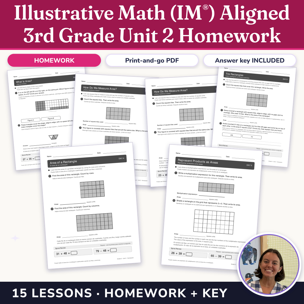 Preview of Illustrative Math (IM®) Aligned 3rd Grade Unit 2 Homework: Area and Multiplication