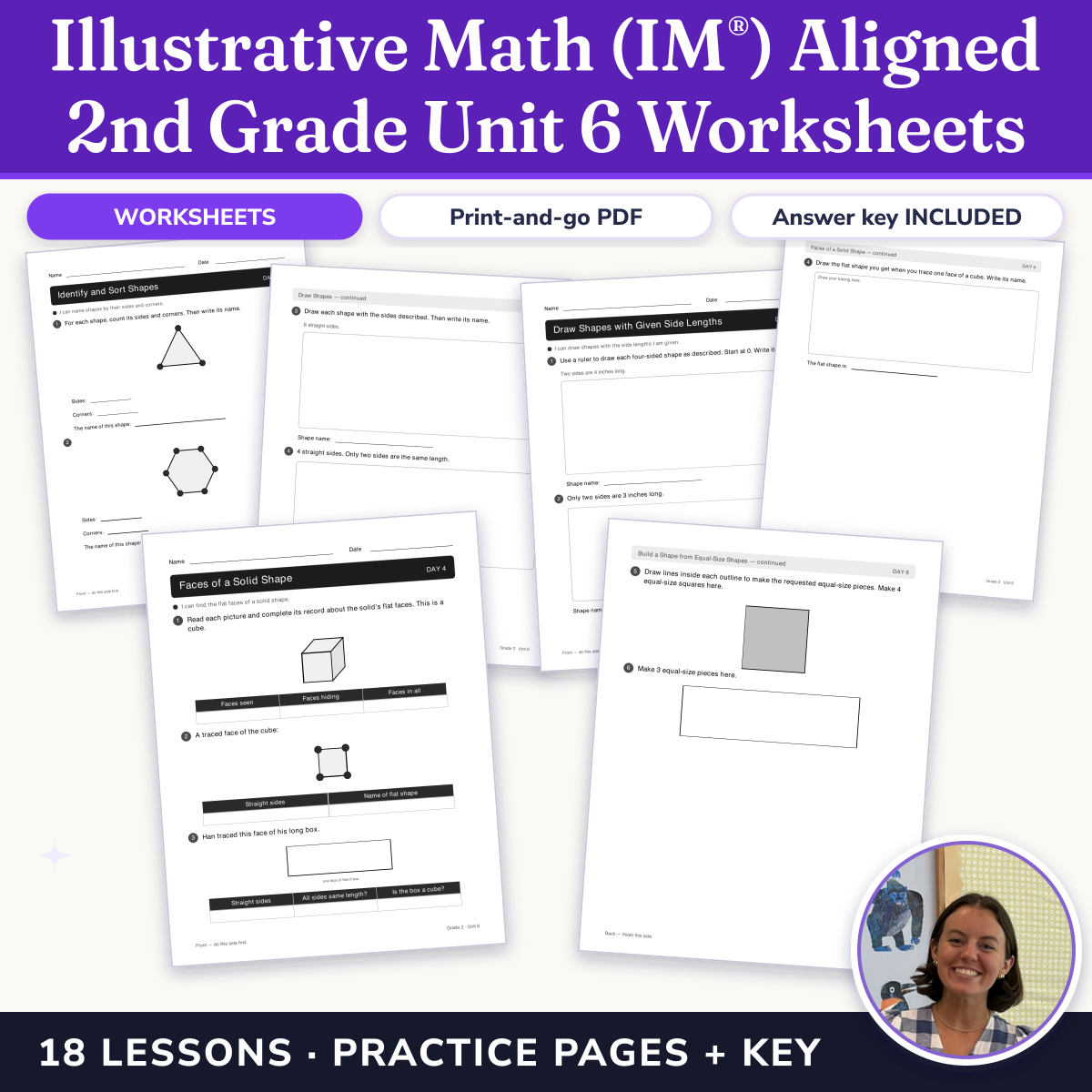Preview of Illustrative Math (IM®) Aligned 2nd Grade Unit 6 Worksheets: Geometry, Time, and Money