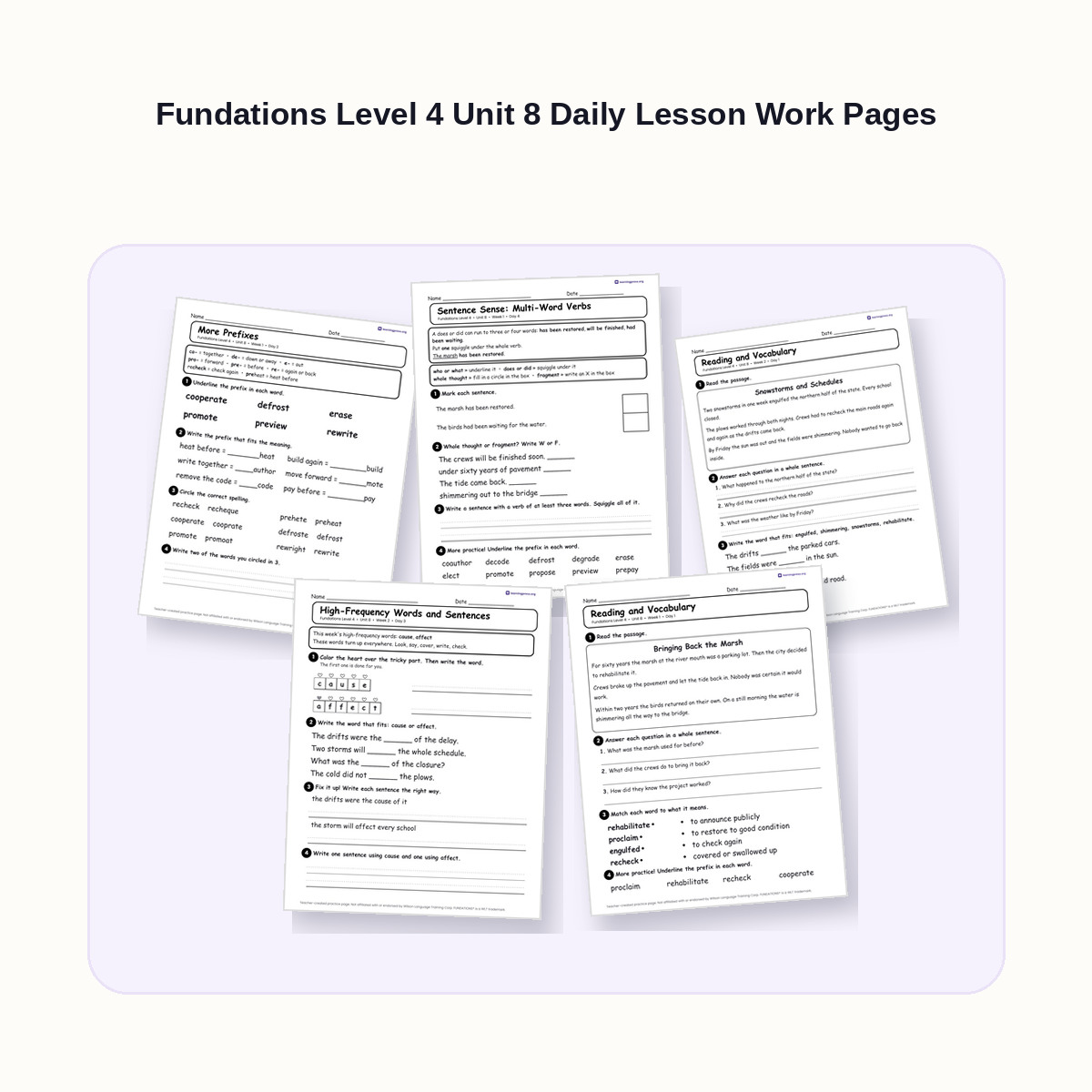 Preview of Fundations Level 4 Unit 8 Daily Lesson Work Pages