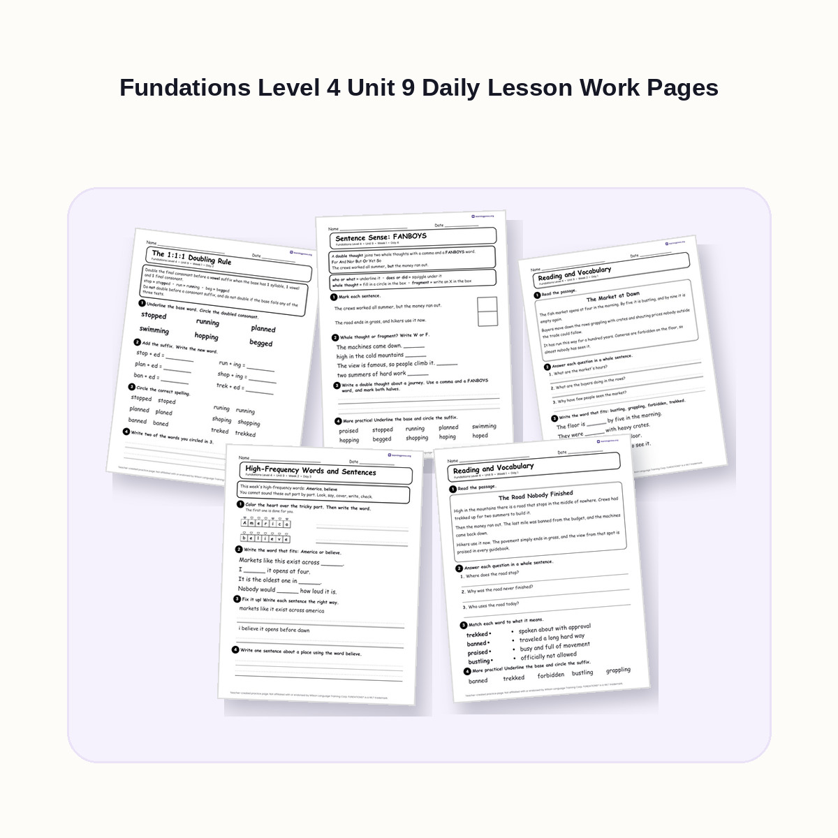 Preview of Fundations Level 4 Unit 9 Daily Lesson Work Pages