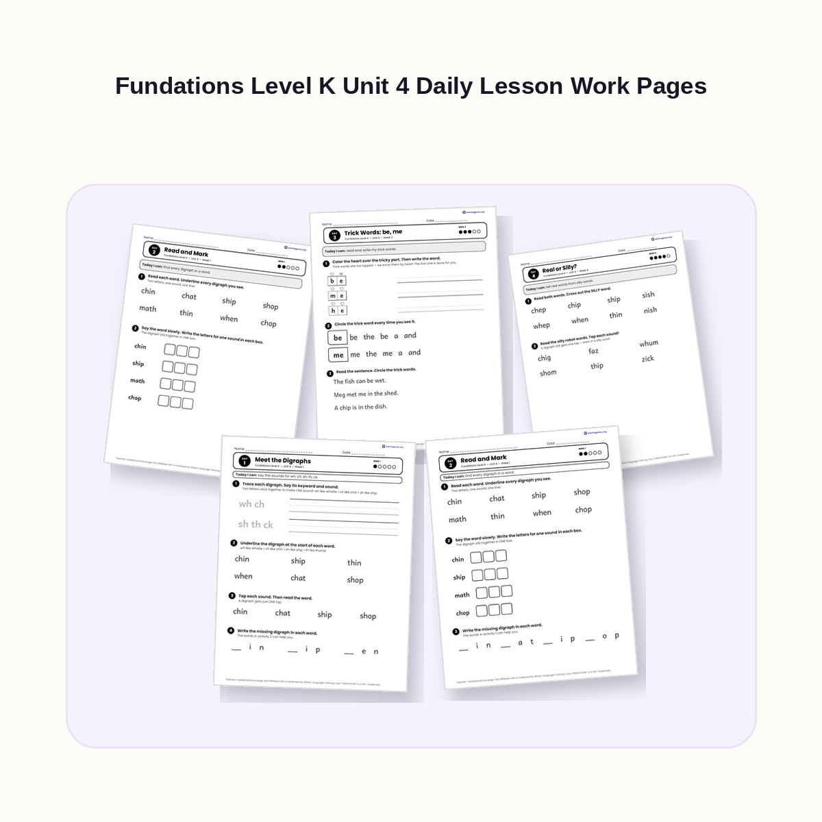 Preview of Fundations Level K Unit 4 Daily Lesson Work Pages