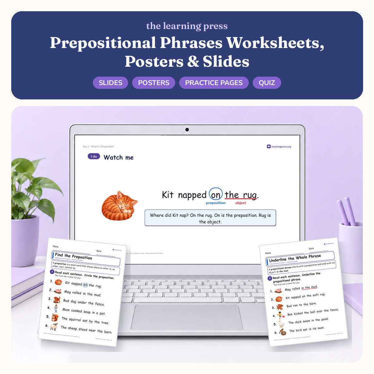 Preview of Prepositional Phrases Worksheets, Posters & Slides
