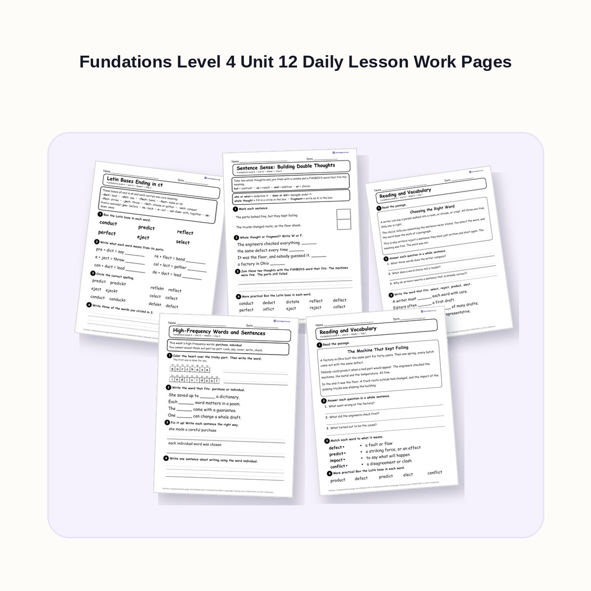 Preview of Fundations Level 4 Unit 12 Daily Lesson Work Pages