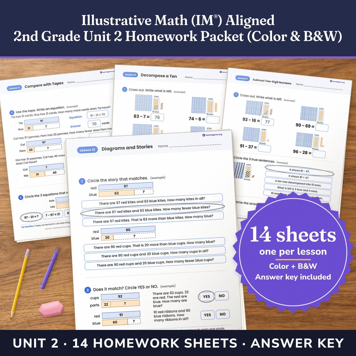 Preview of Illustrative Math (IM®) Aligned 2nd Grade Unit 2 Homework Packet (Color & B&W)