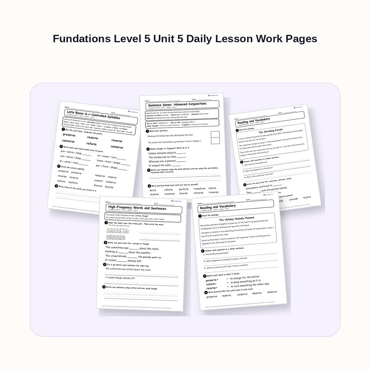 Preview of Fundations Level 5 Unit 5 Daily Lesson Work Pages
