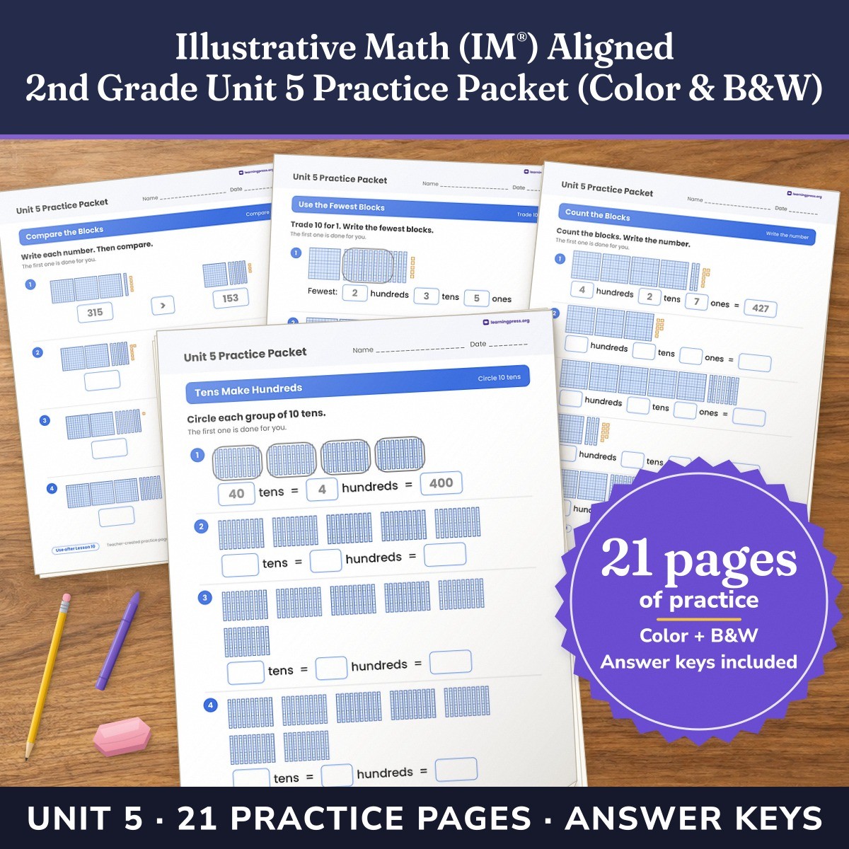 Preview of Illustrative Math (IM®) Aligned 2nd Grade Unit 5 Practice Packet (Color & B&W)