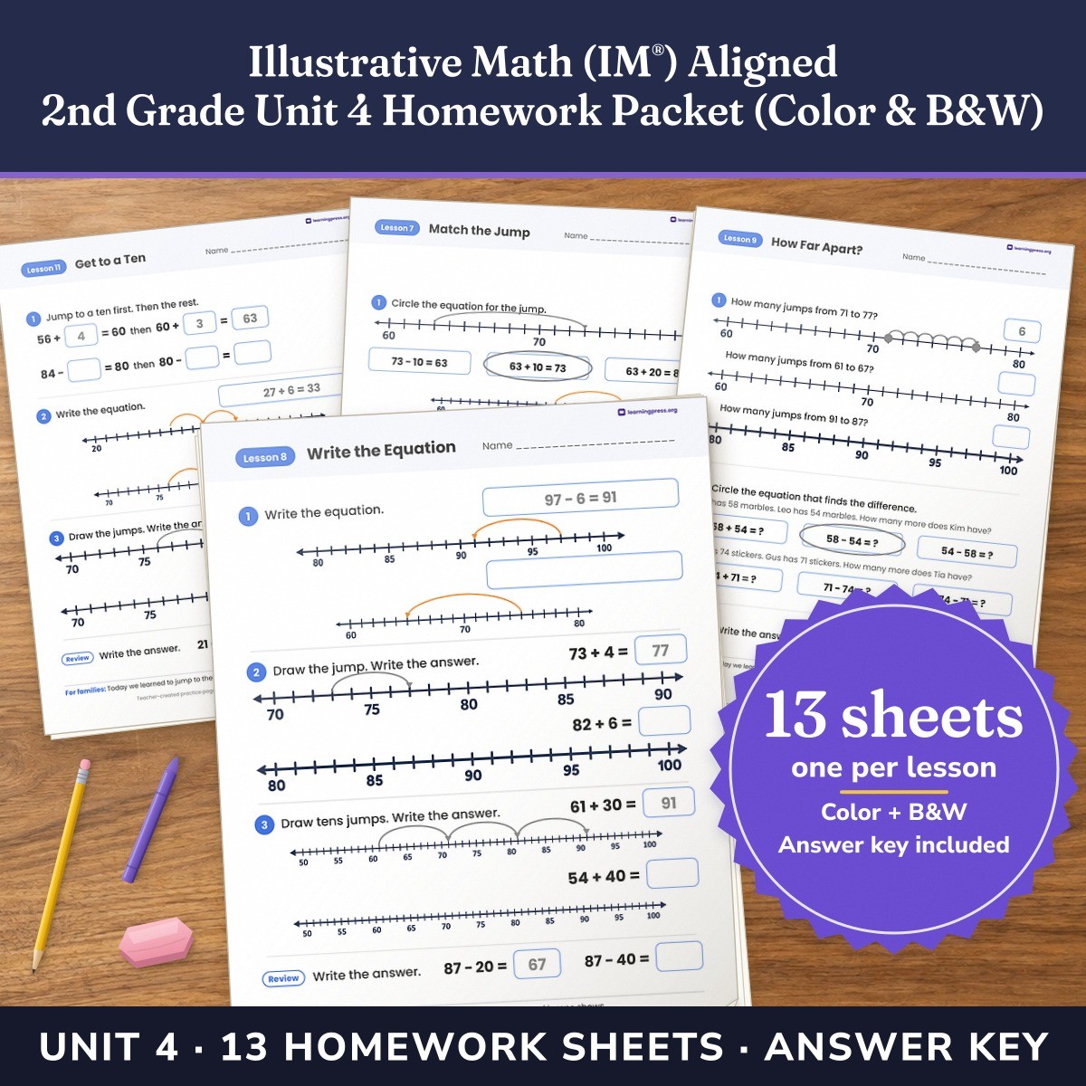 Preview of Illustrative Math (IM®) Aligned 2nd Grade Unit 4 Homework Packet (Color & B&W)