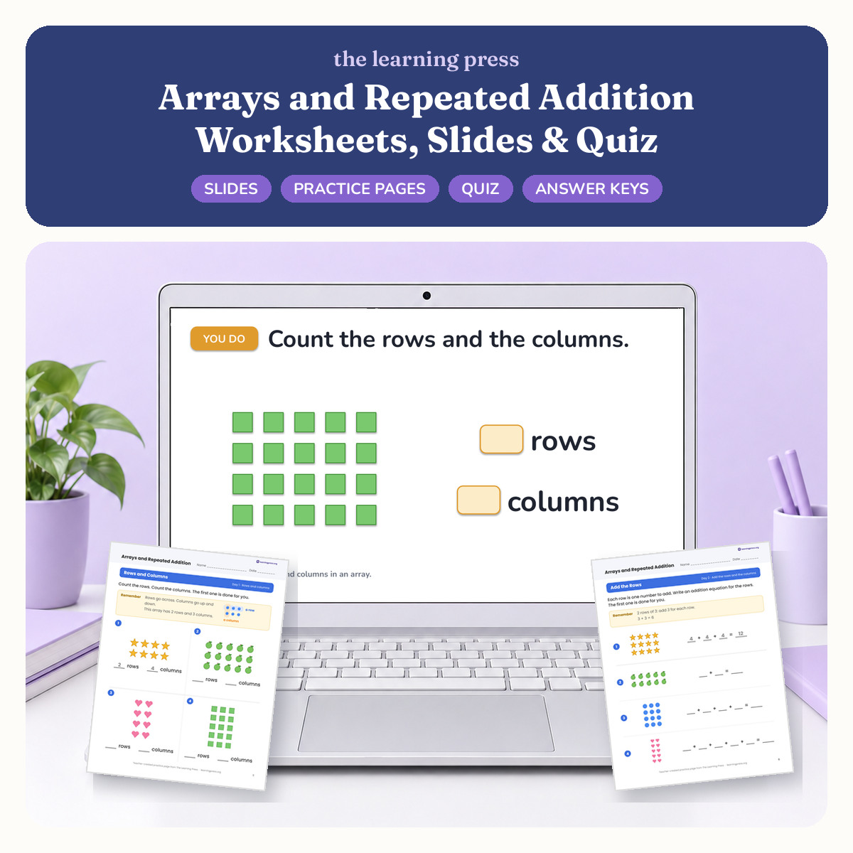 Preview of Arrays and Repeated Addition Worksheets, Slides & Quiz