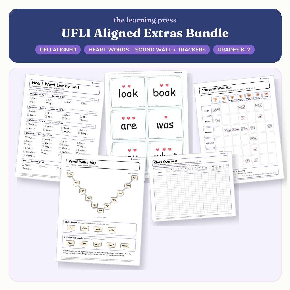 Preview of UFLI Aligned Extras Bundle · Heart Words, Sound Wall & Progress Trackers