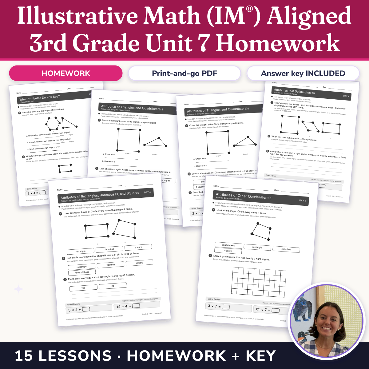 Preview of Illustrative Math (IM®) Aligned 3rd Grade Unit 7 Homework: Two-dimensional Shapes and Perimeter