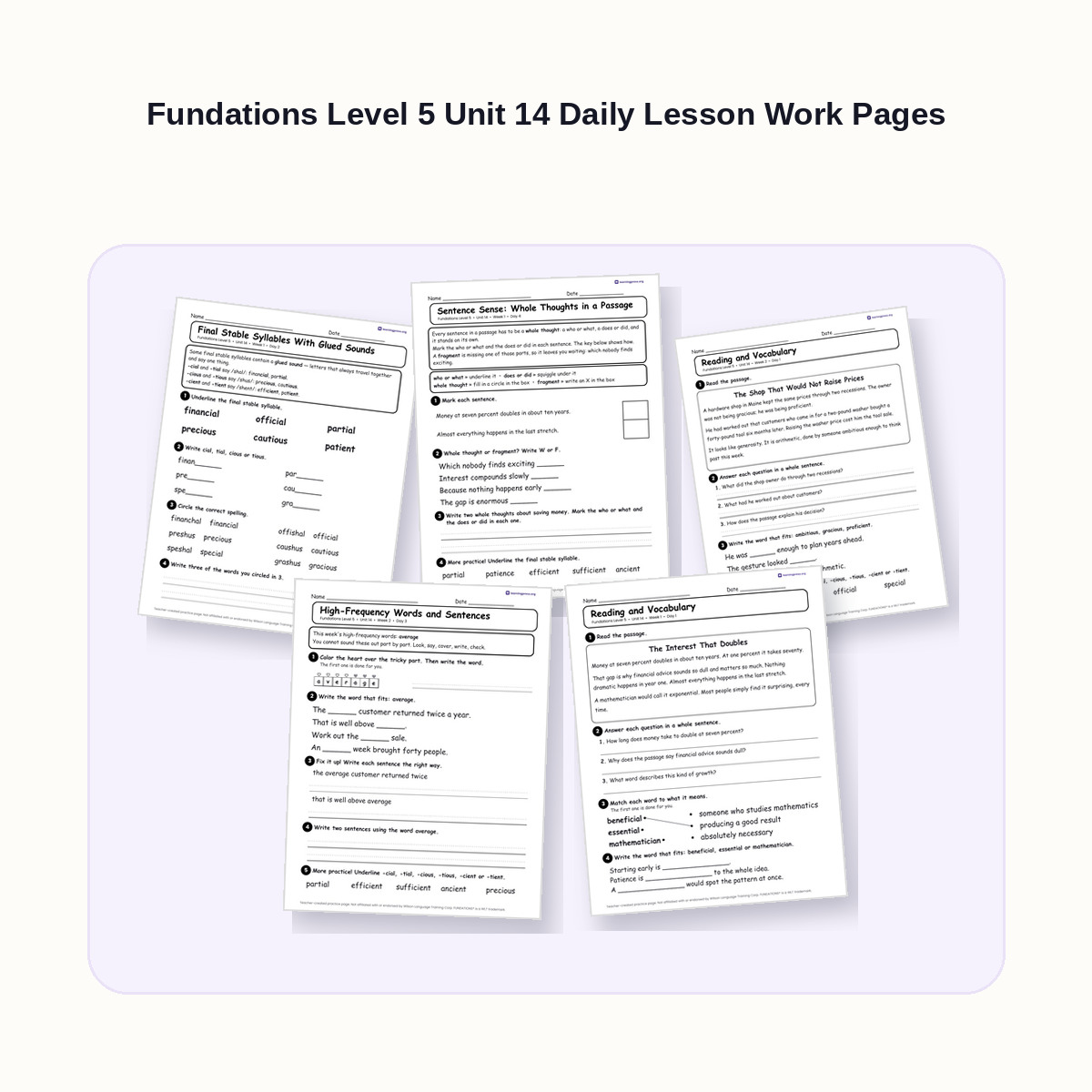 Preview of Fundations Level 5 Unit 14 Daily Lesson Work Pages