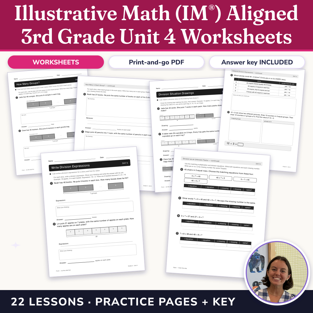 Preview of Illustrative Math (IM®) Aligned 3rd Grade Unit 4 Worksheets: Relating Multiplication to Division
