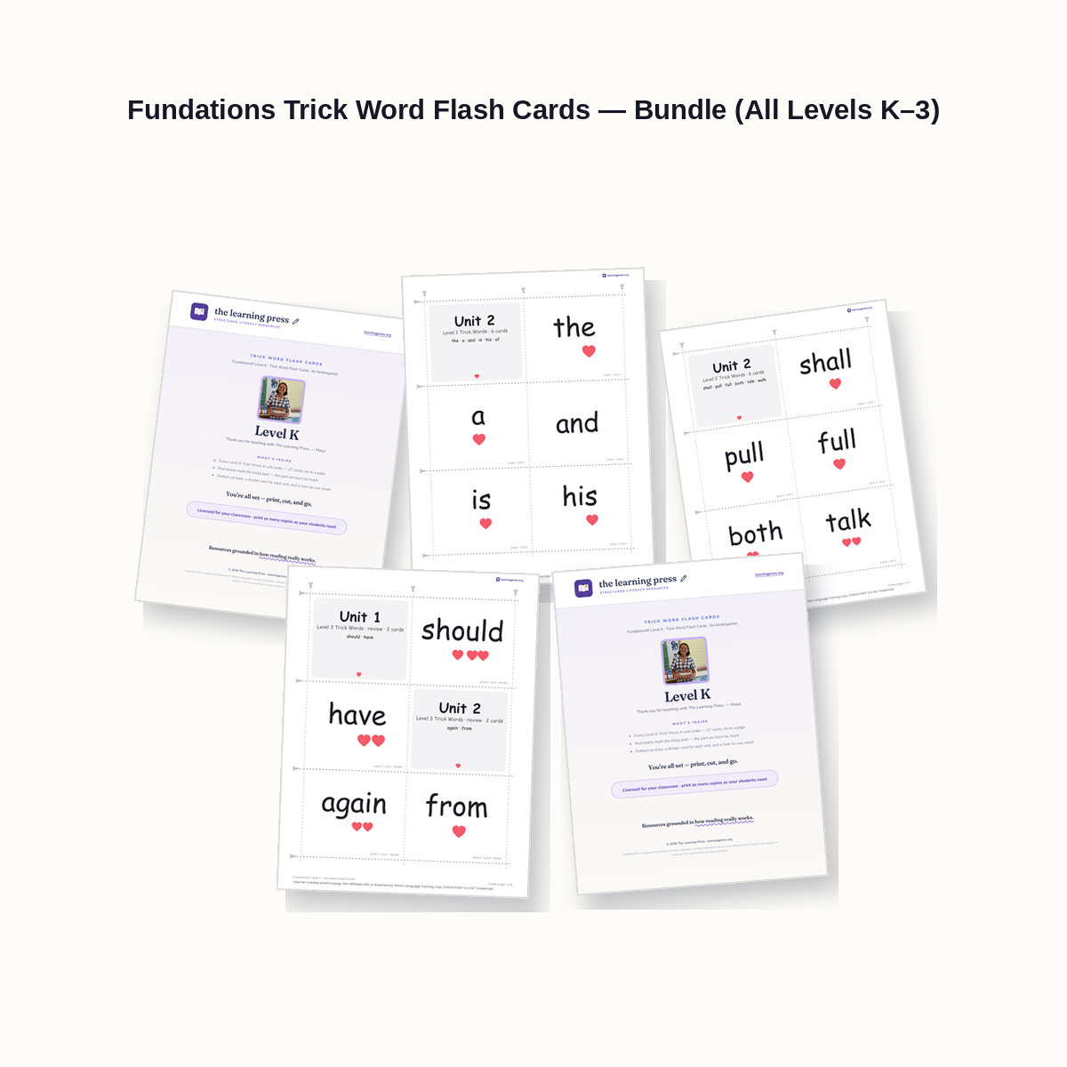 Preview of Fundations Trick Word Flash Cards — Bundle (All Levels K–3)