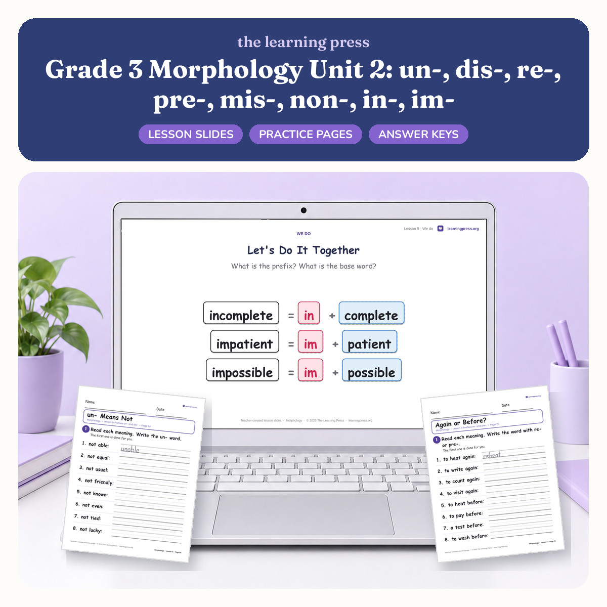 Preview of Grade 3 Morphology Unit 2: un-, dis-, re-, pre-, mis-, non-, in-, im-