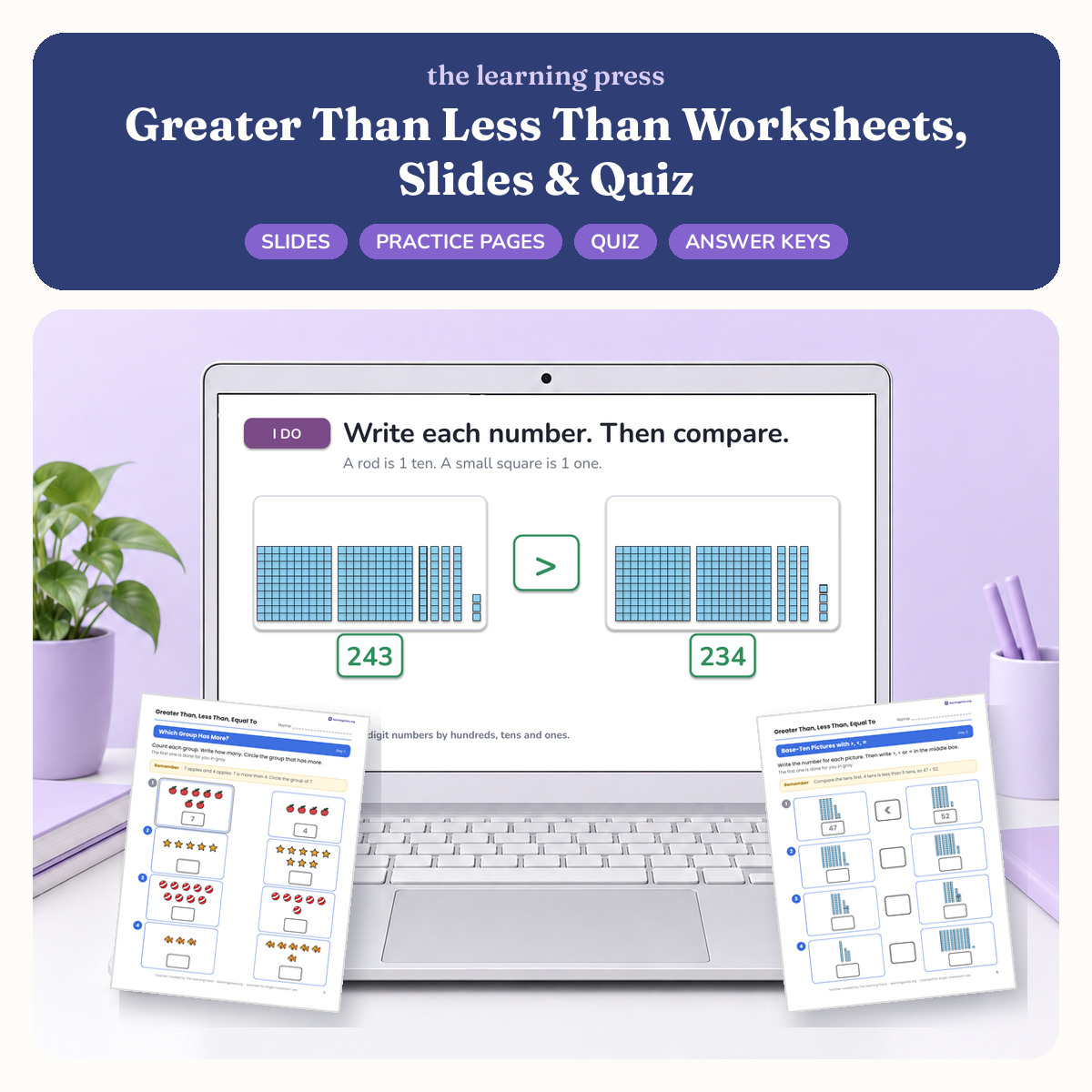 Preview of Greater Than Less Than Worksheets, Slides & Quiz