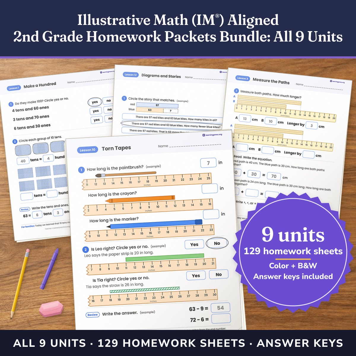 Preview of Illustrative Math (IM®) Aligned 2nd Grade Homework Packets Bundle: All 9 Units