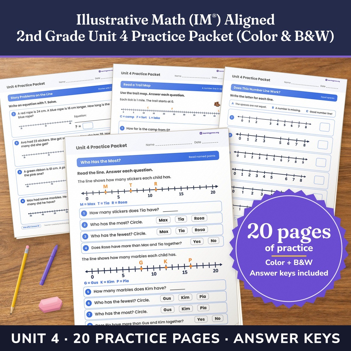 Preview of Illustrative Math (IM®) Aligned 2nd Grade Unit 4 Practice Packet (Color & B&W)
