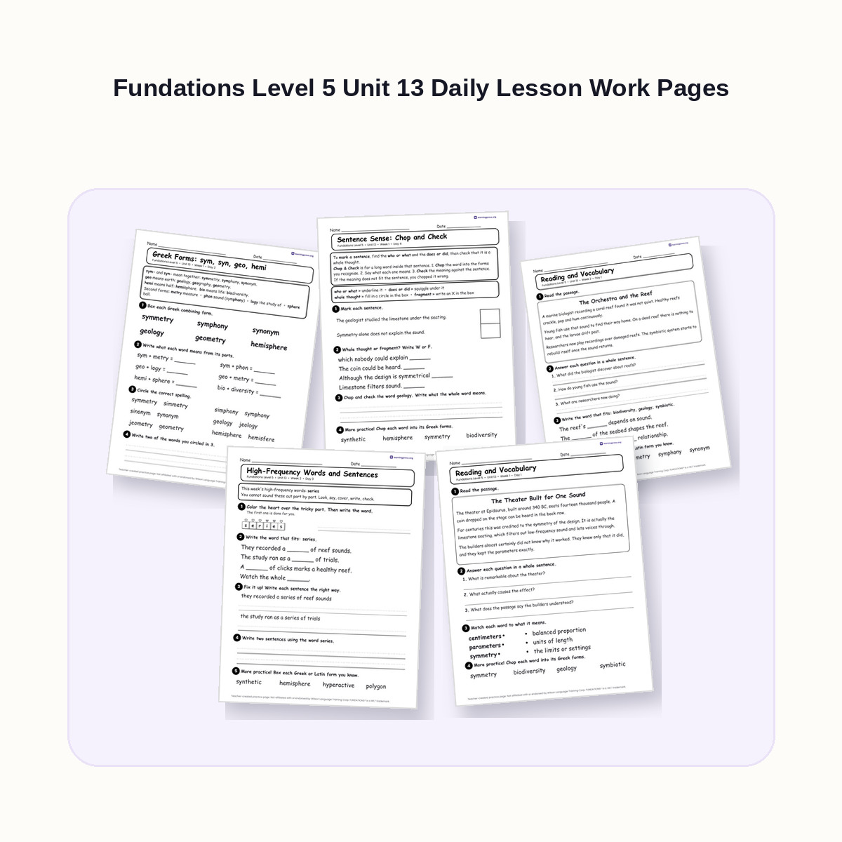 Preview of Fundations Level 5 Unit 13 Daily Lesson Work Pages