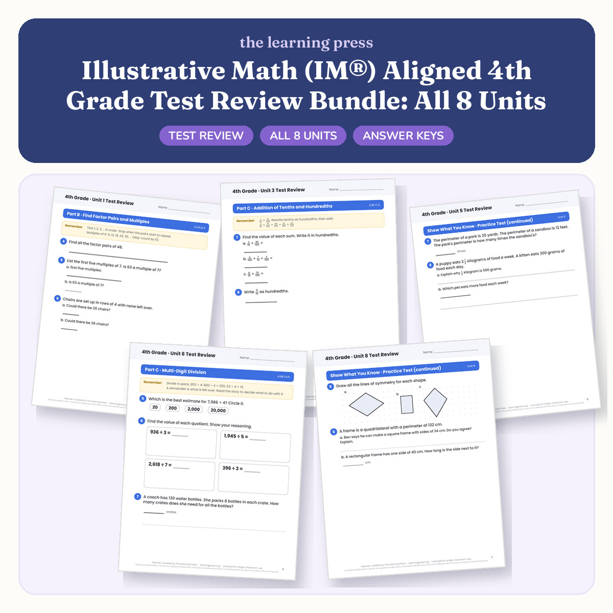 Preview of Illustrative Math (IM®) Aligned 4th Grade Test Review Bundle: All 8 Units