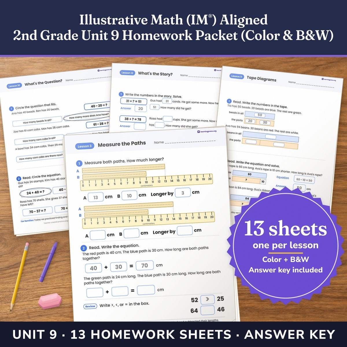 Preview of Illustrative Math (IM®) Aligned 2nd Grade Unit 9 Homework Packet (Color & B&W)