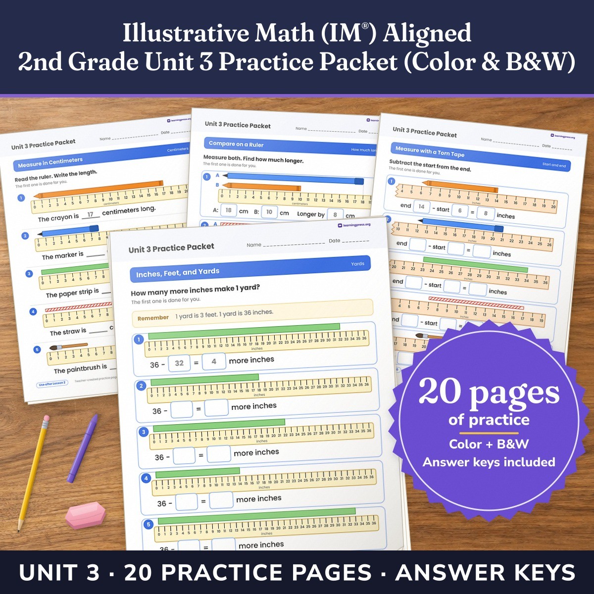 Preview of Illustrative Math (IM®) Aligned 2nd Grade Unit 3 Practice Packet (Color & B&W)