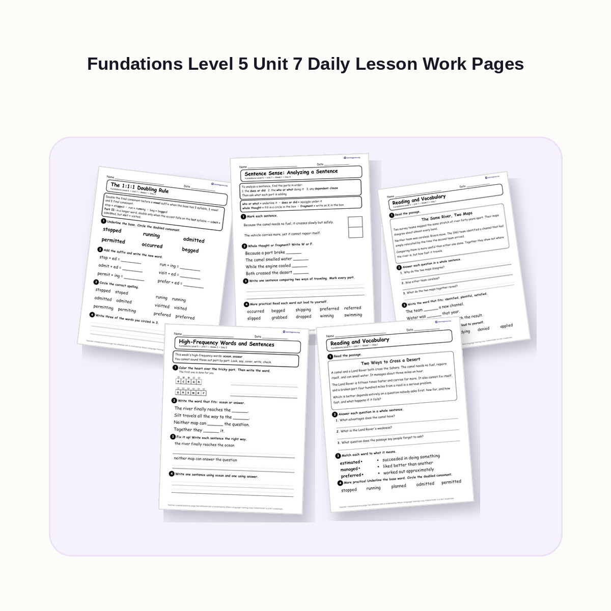 Preview of Fundations Level 5 Unit 7 Daily Lesson Work Pages
