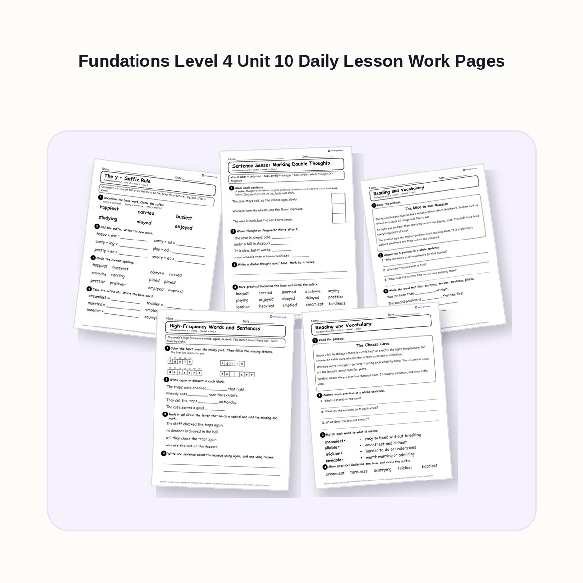 Preview of Fundations Level 4 Unit 10 Daily Lesson Work Pages