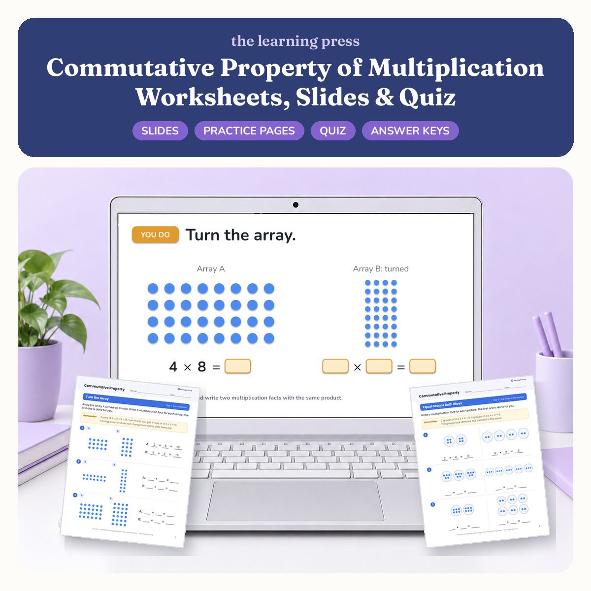 Preview of Commutative Property of Multiplication Worksheets, Slides & Quiz