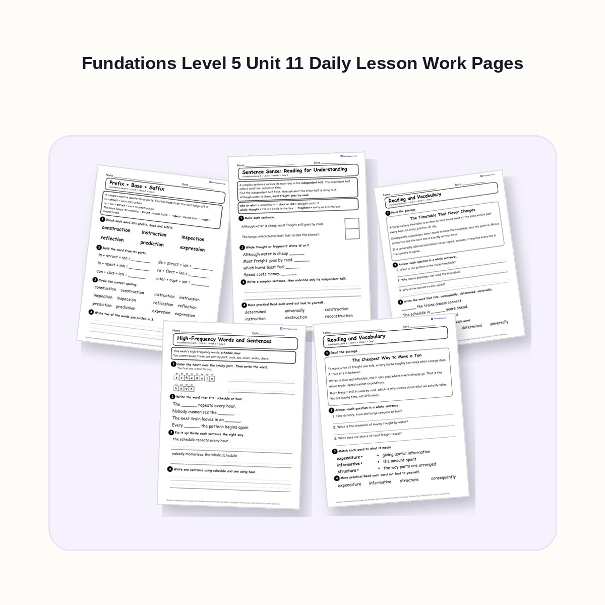 Preview of Fundations Level 5 Unit 11 Daily Lesson Work Pages