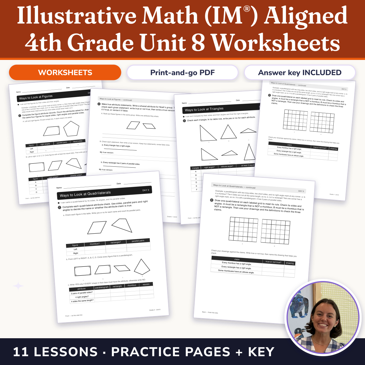 Preview of Illustrative Math (IM®) Aligned 4th Grade Unit 8 Worksheets: Properties of Two-dimensional Shapes