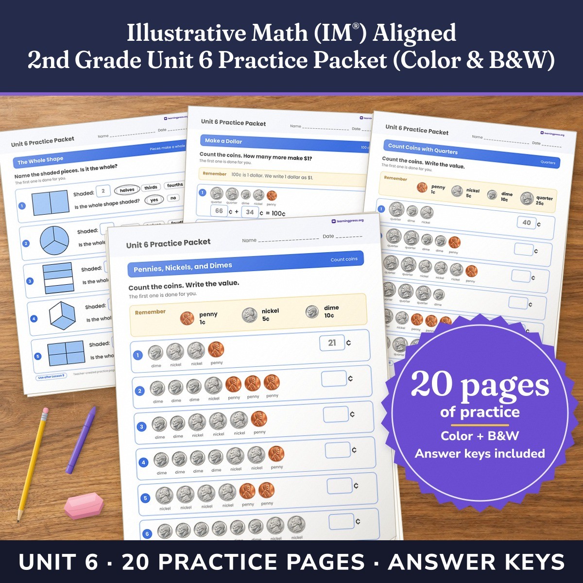 Preview of Illustrative Math (IM®) Aligned 2nd Grade Unit 6 Practice Packet (Color & B&W)