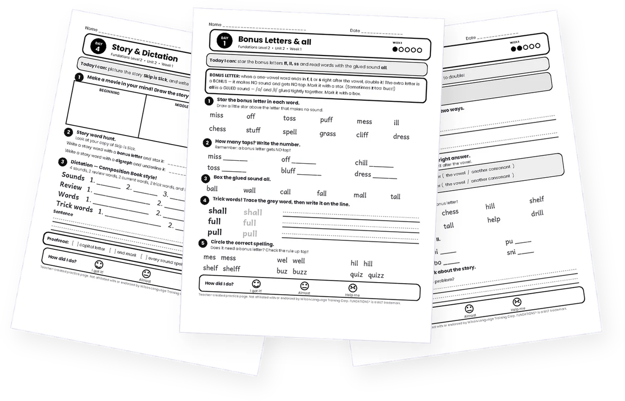 Three real pages from a Learning Press practice pack — day-by-day practice for bonus letters, glued sounds, and trick words