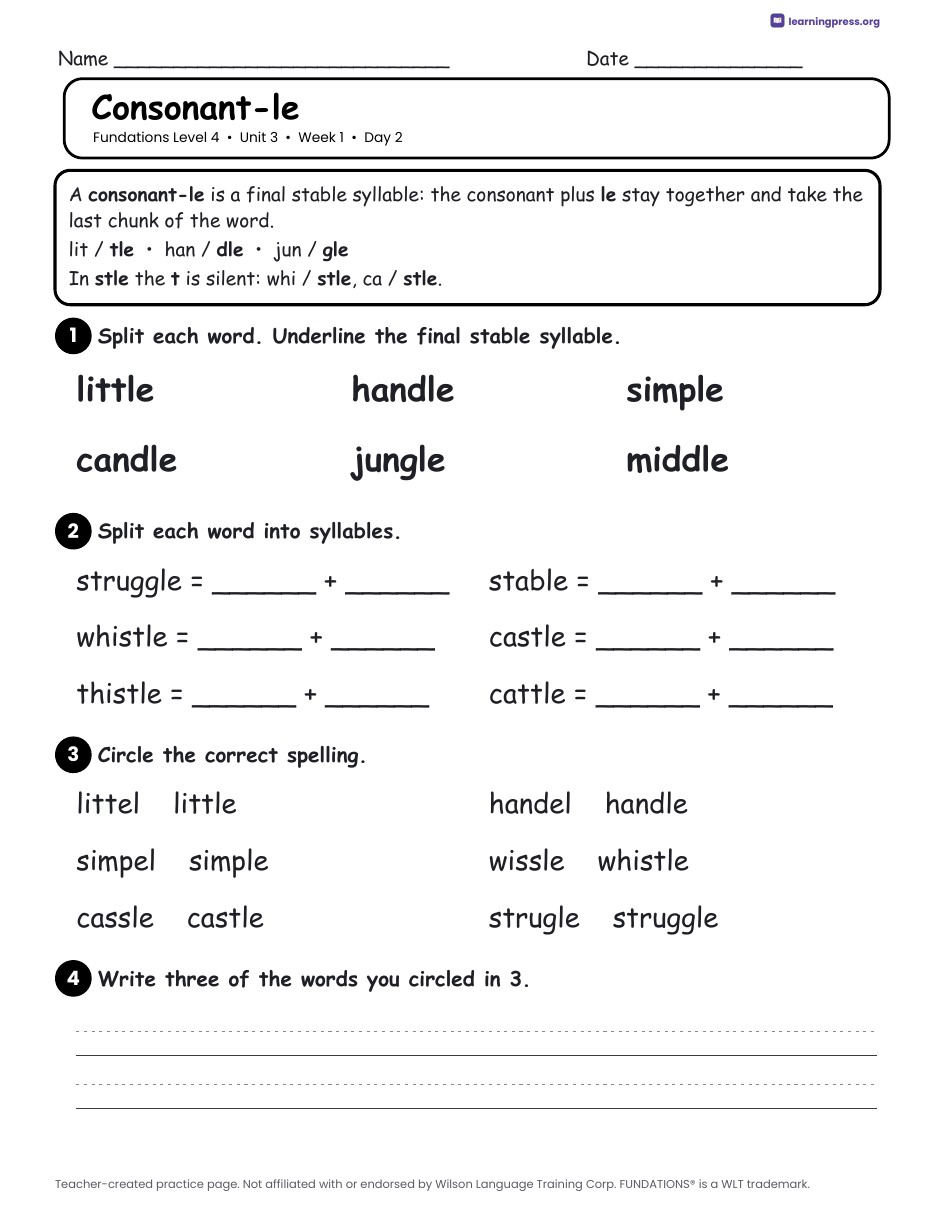 Preview page 1 of Fundations Level 4 Unit 3 Daily Lesson Work Pages