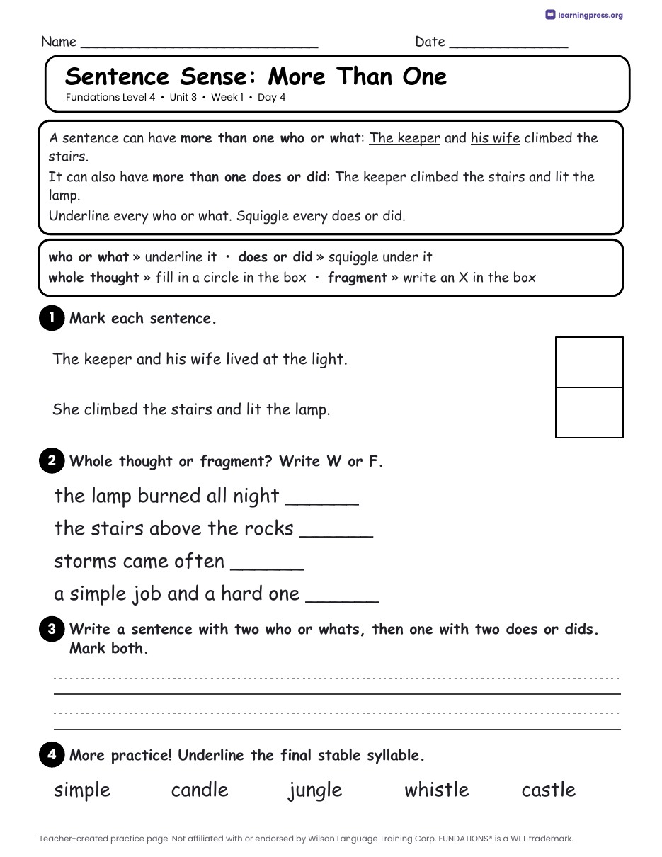 Preview page 2 of Fundations Level 4 Unit 3 Daily Lesson Work Pages