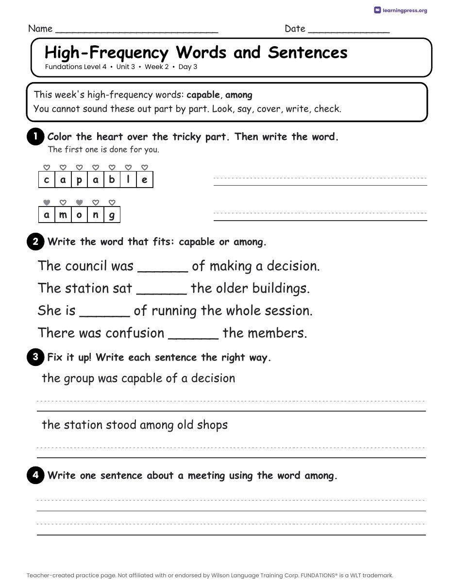 Preview page 4 of Fundations Level 4 Unit 3 Daily Lesson Work Pages