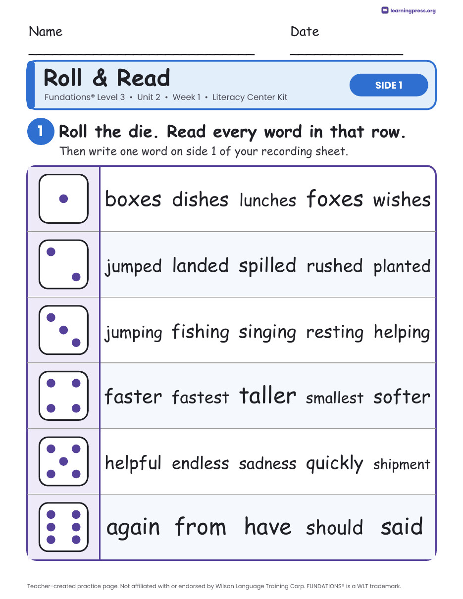 Preview page 1 of Fundations Level 3 Unit 2 Week 1 Literacy Center Kit