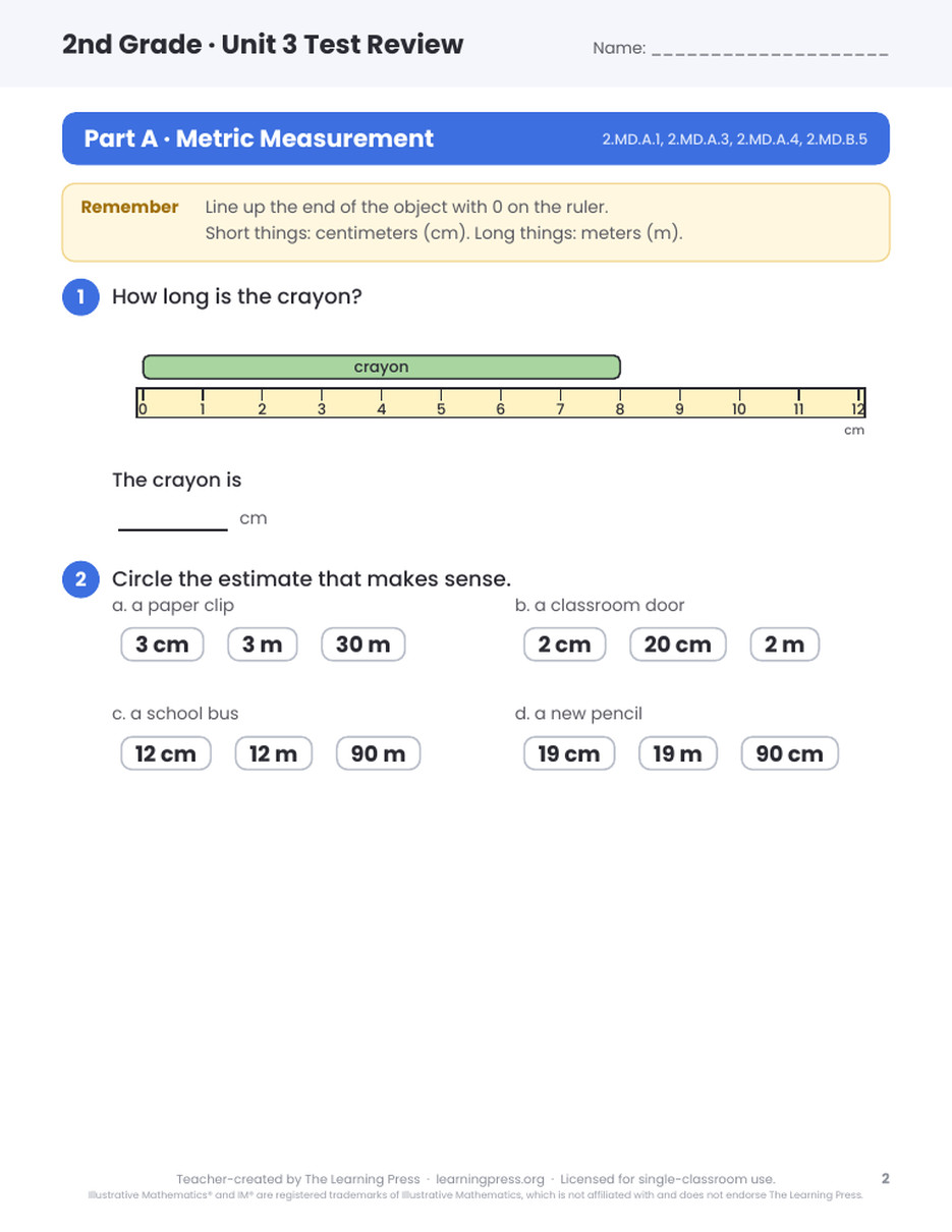 Preview page 1 of Illustrative Math (IM®) Aligned 2nd Grade Unit 3 Test Review