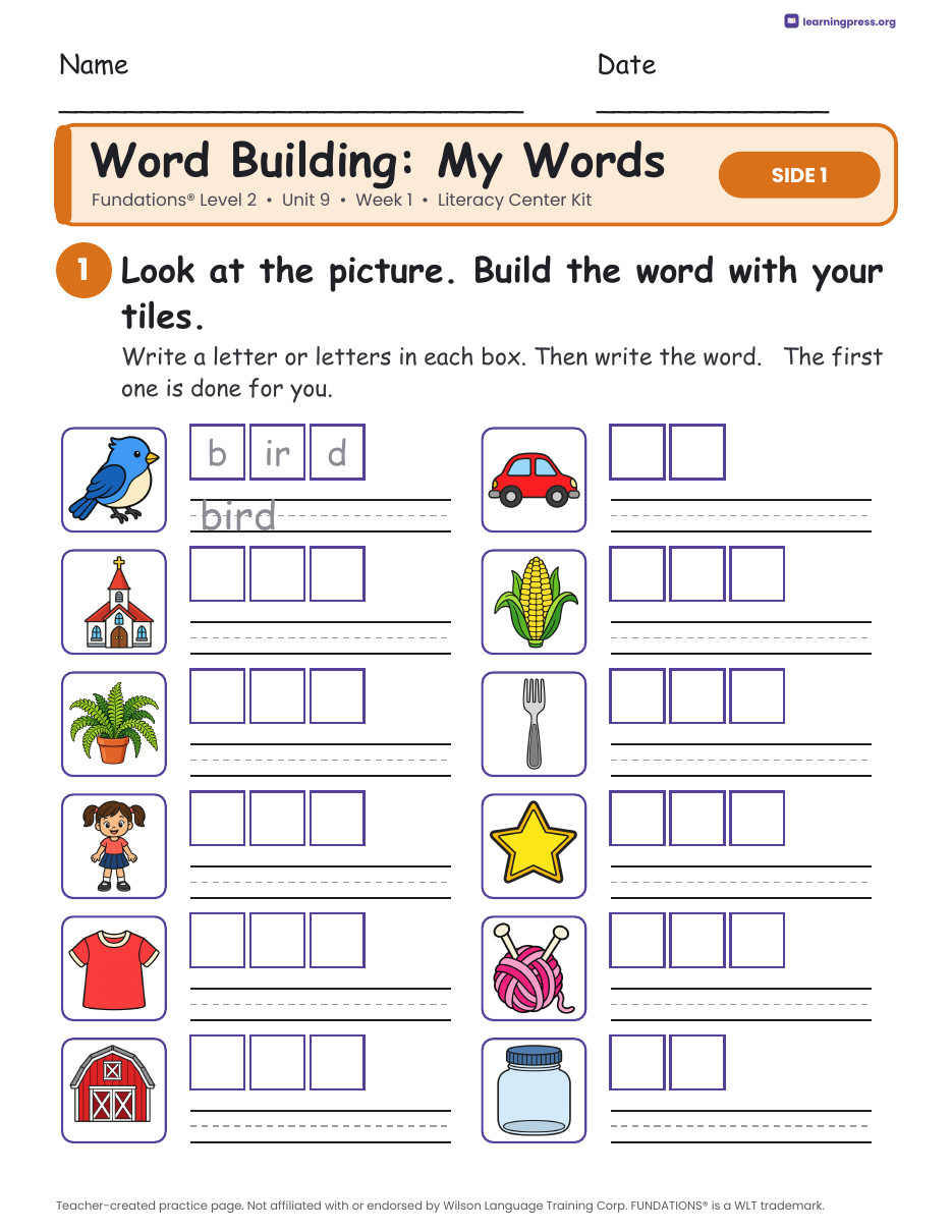 Preview page 2 of Fundations Level 2 Unit 9 Week 1 Literacy Center Kit