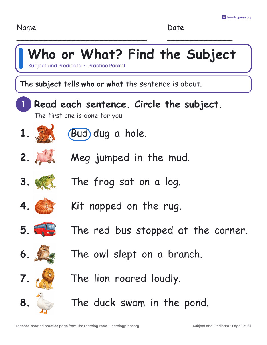 Preview page 2 of Subject and Predicate Worksheets, Posters & Slides – Grade 2