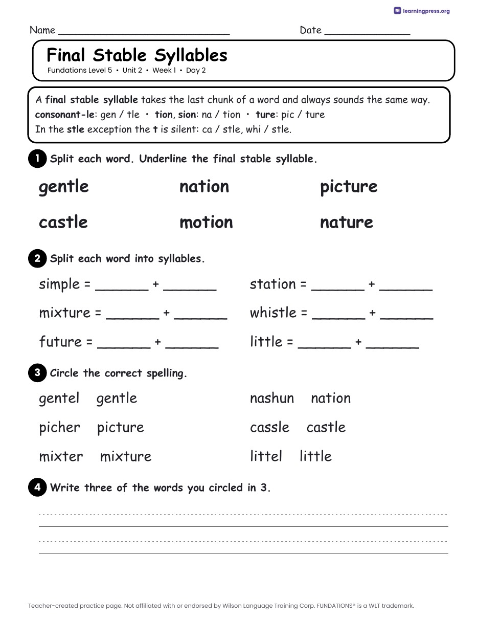 Preview page 1 of Fundations Level 5 Unit 2 Daily Lesson Work Pages