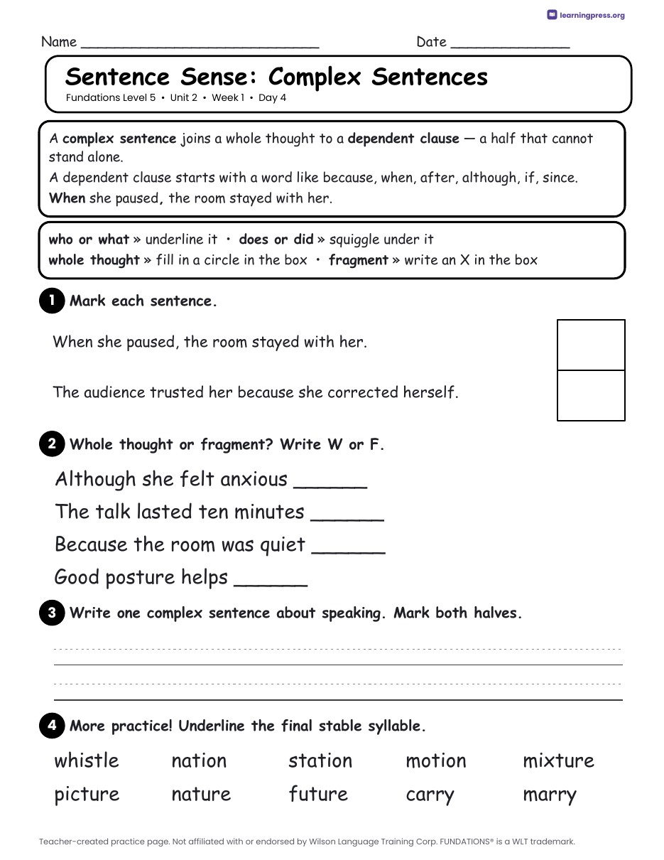 Preview page 2 of Fundations Level 5 Unit 2 Daily Lesson Work Pages