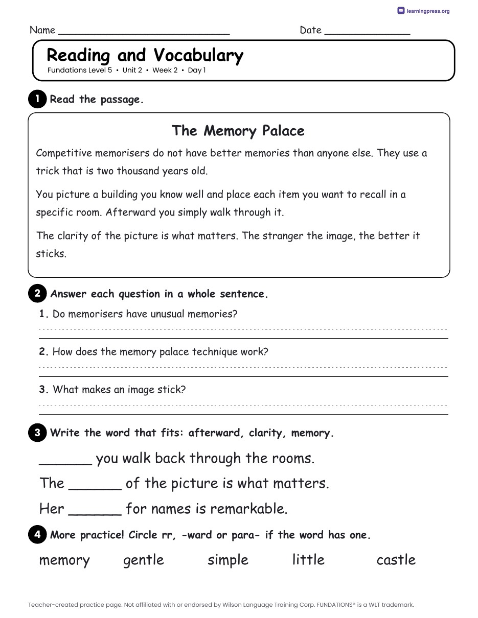 Preview page 3 of Fundations Level 5 Unit 2 Daily Lesson Work Pages